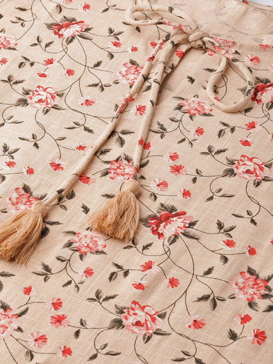 Women Beige & Red Floral Printed Fit And Flare Dress | LASVINI - Redefining Indian Fashion with Elegance