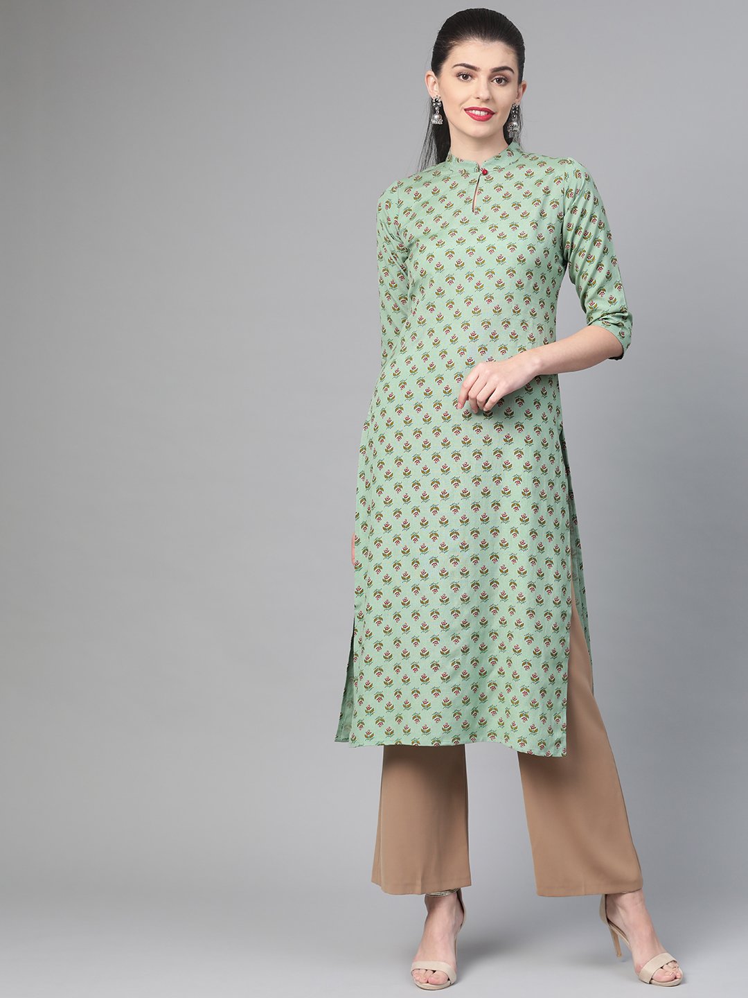 Women Green & Mauve Cotton Straight Floral Printed Kurta | LASVINI - Redefining Indian Fashion with Elegance