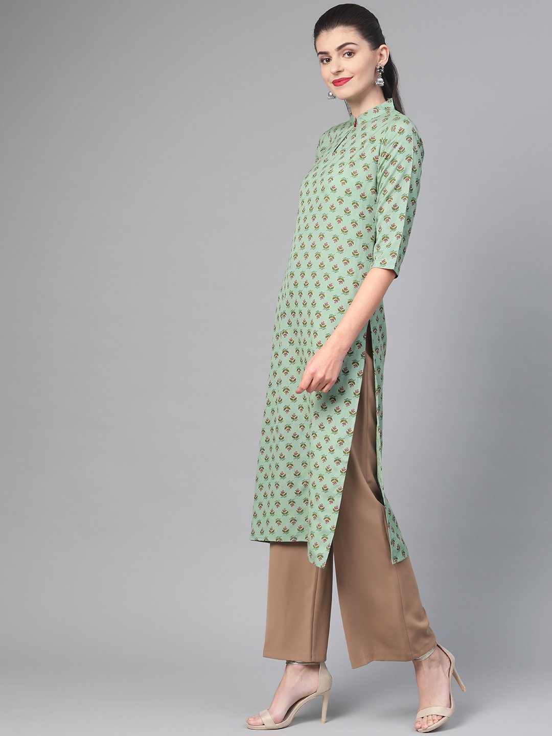 Women Green & Mauve Cotton Straight Floral Printed Kurta | LASVINI - Redefining Indian Fashion with Elegance