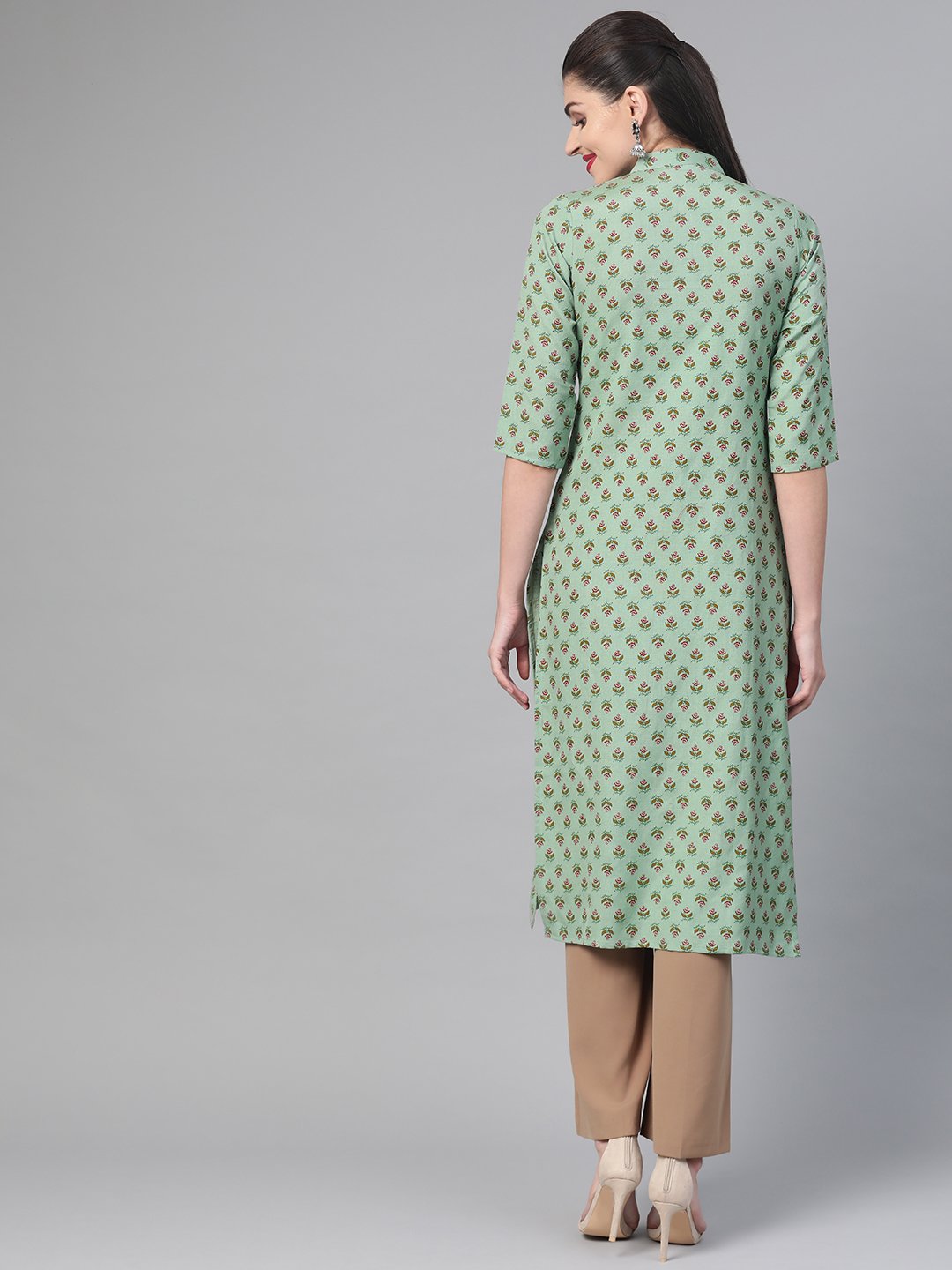 Women Green & Mauve Cotton Straight Floral Printed Kurta | LASVINI - Redefining Indian Fashion with Elegance