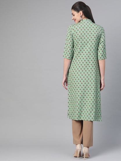 Women Green & Mauve Cotton Straight Floral Printed Kurta | LASVINI - Redefining Indian Fashion with Elegance
