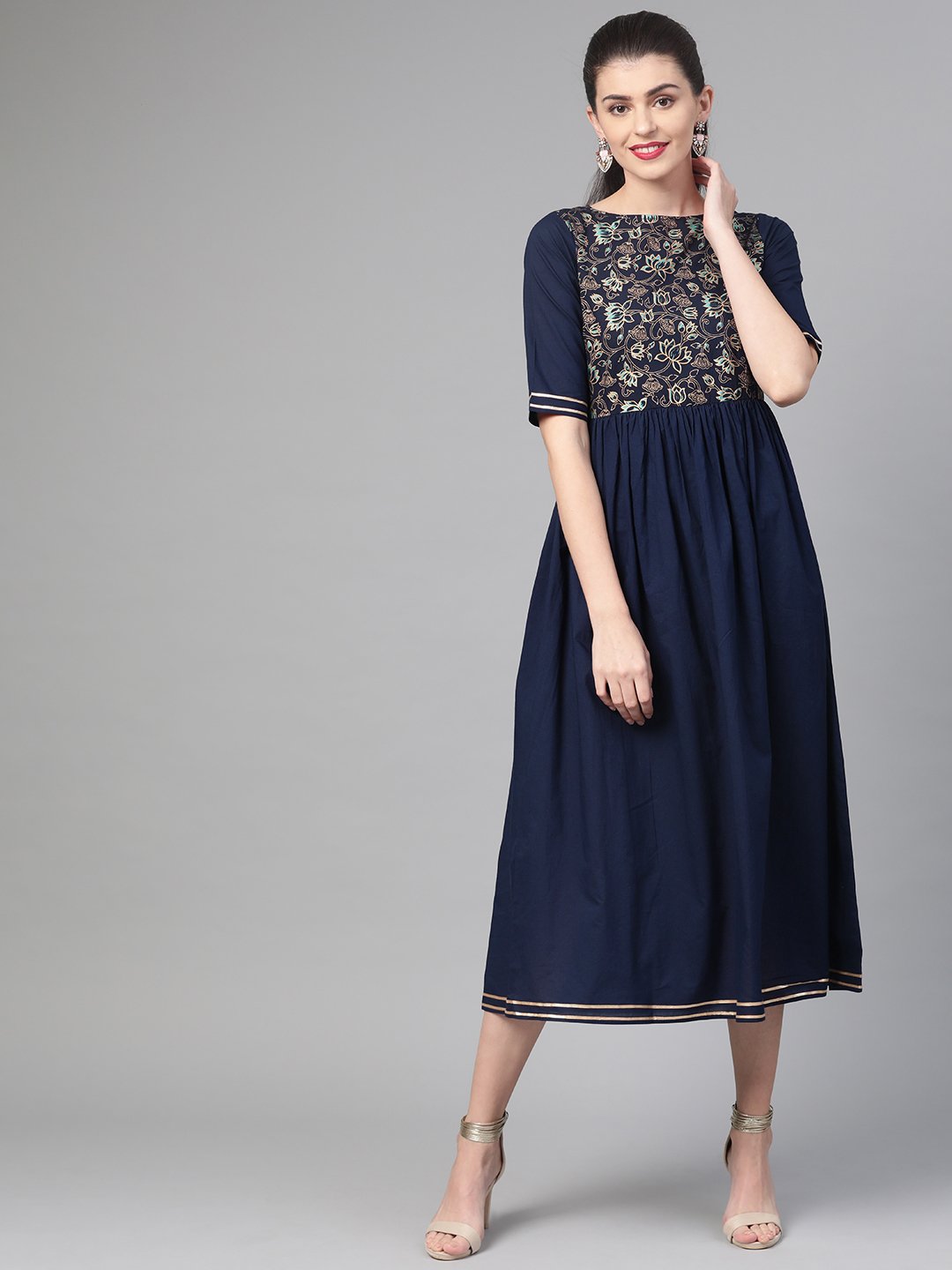 Women Navy Blue & Gold Floral Printed Maxi Dress | LASVINI - Redefining Indian Fashion with Elegance