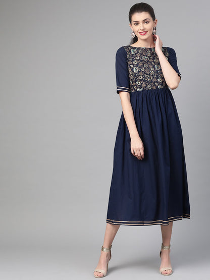 Women Navy Blue & Gold Floral Printed Maxi Dress | LASVINI - Redefining Indian Fashion with Elegance