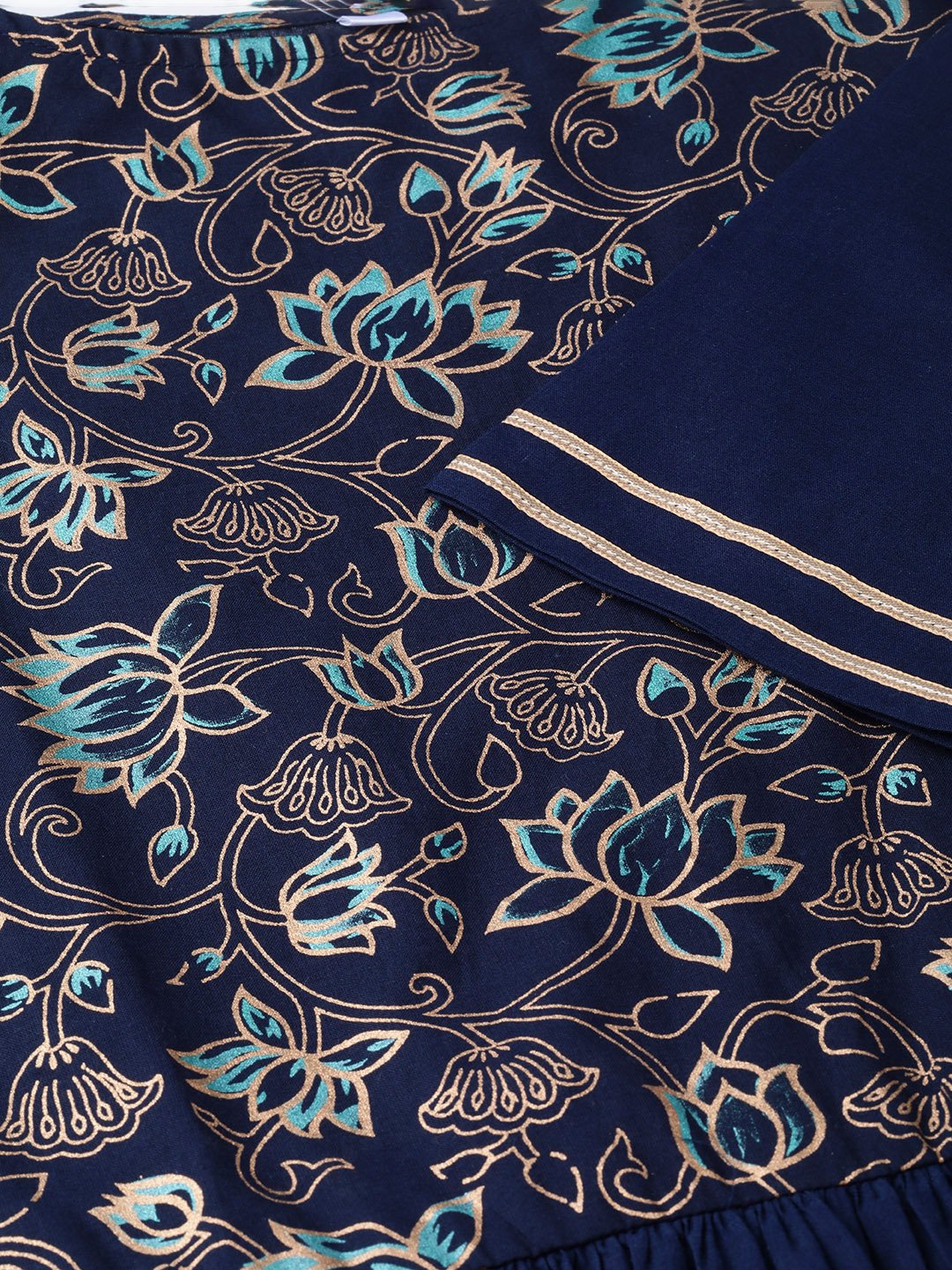 Women Navy Blue & Gold Floral Printed Maxi Dress | LASVINI - Redefining Indian Fashion with Elegance