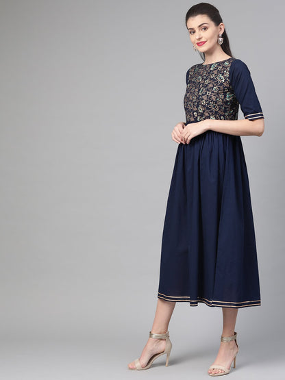 Women Navy Blue & Gold Floral Printed Maxi Dress | LASVINI - Redefining Indian Fashion with Elegance