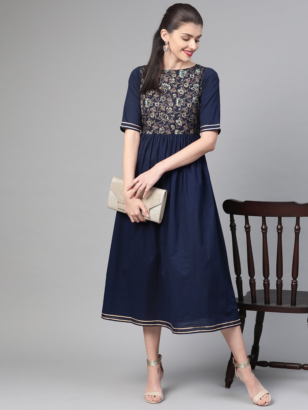 Women Navy Blue & Gold Floral Printed Maxi Dress | LASVINI - Redefining Indian Fashion with Elegance