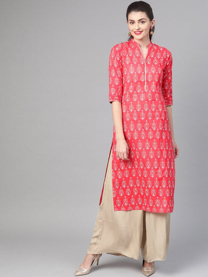 Women Pink & Gold Cotton Straight Floral Printed Kurta | LASVINI - Redefining Indian Fashion with Elegance