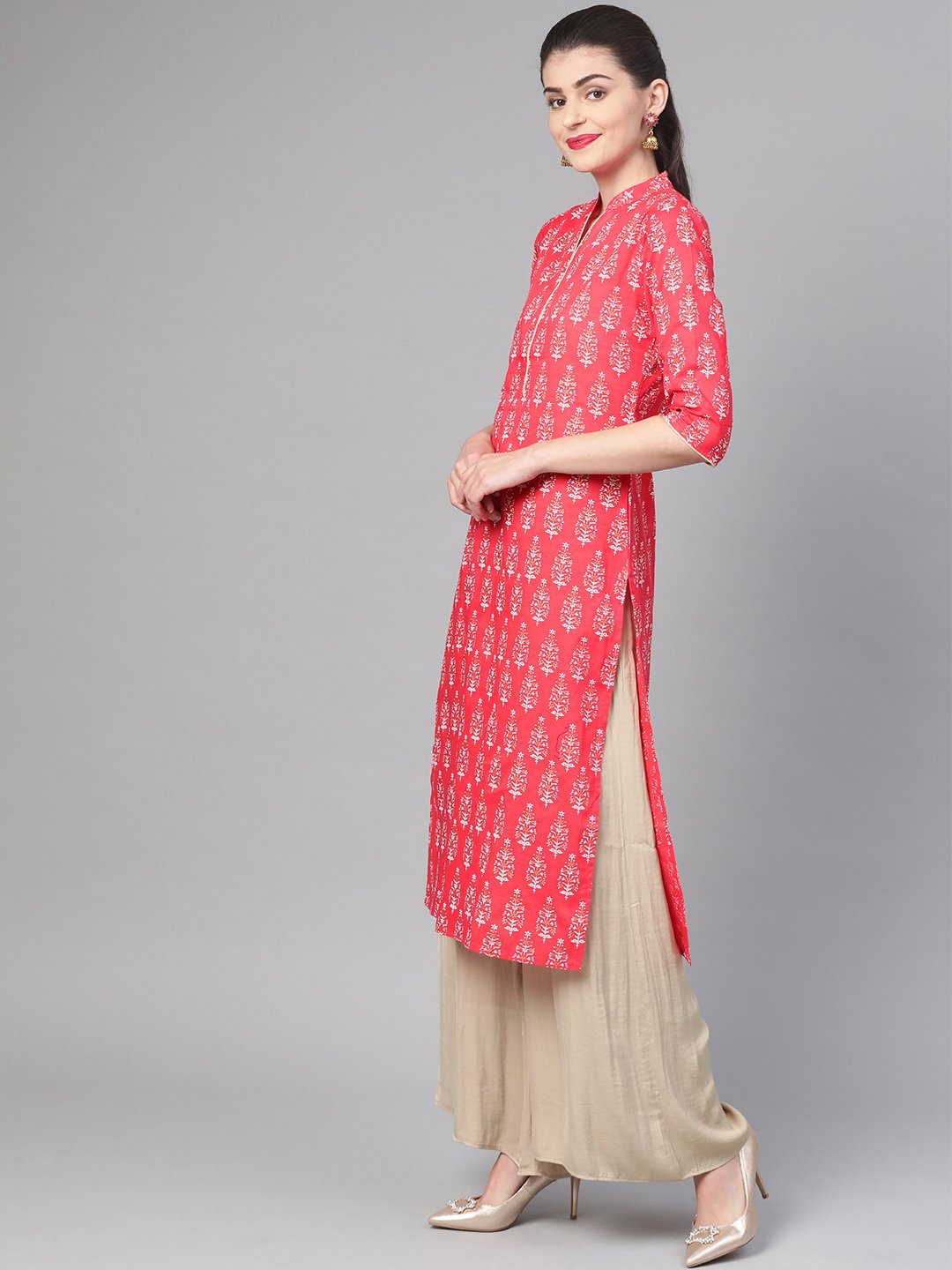 Women Pink & Gold Cotton Straight Floral Printed Kurta | LASVINI - Redefining Indian Fashion with Elegance