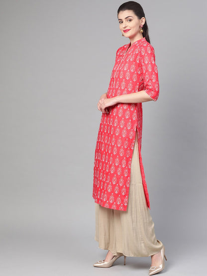 Women Pink & Gold Cotton Straight Floral Printed Kurta | LASVINI - Redefining Indian Fashion with Elegance