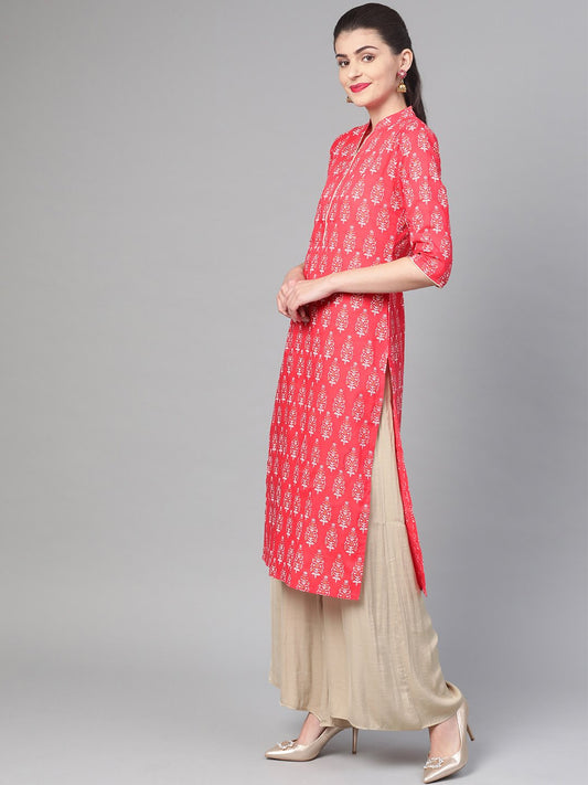 Women Pink & Gold Cotton Straight Floral Printed Kurta | LASVINI - Redefining Indian Fashion with Elegance