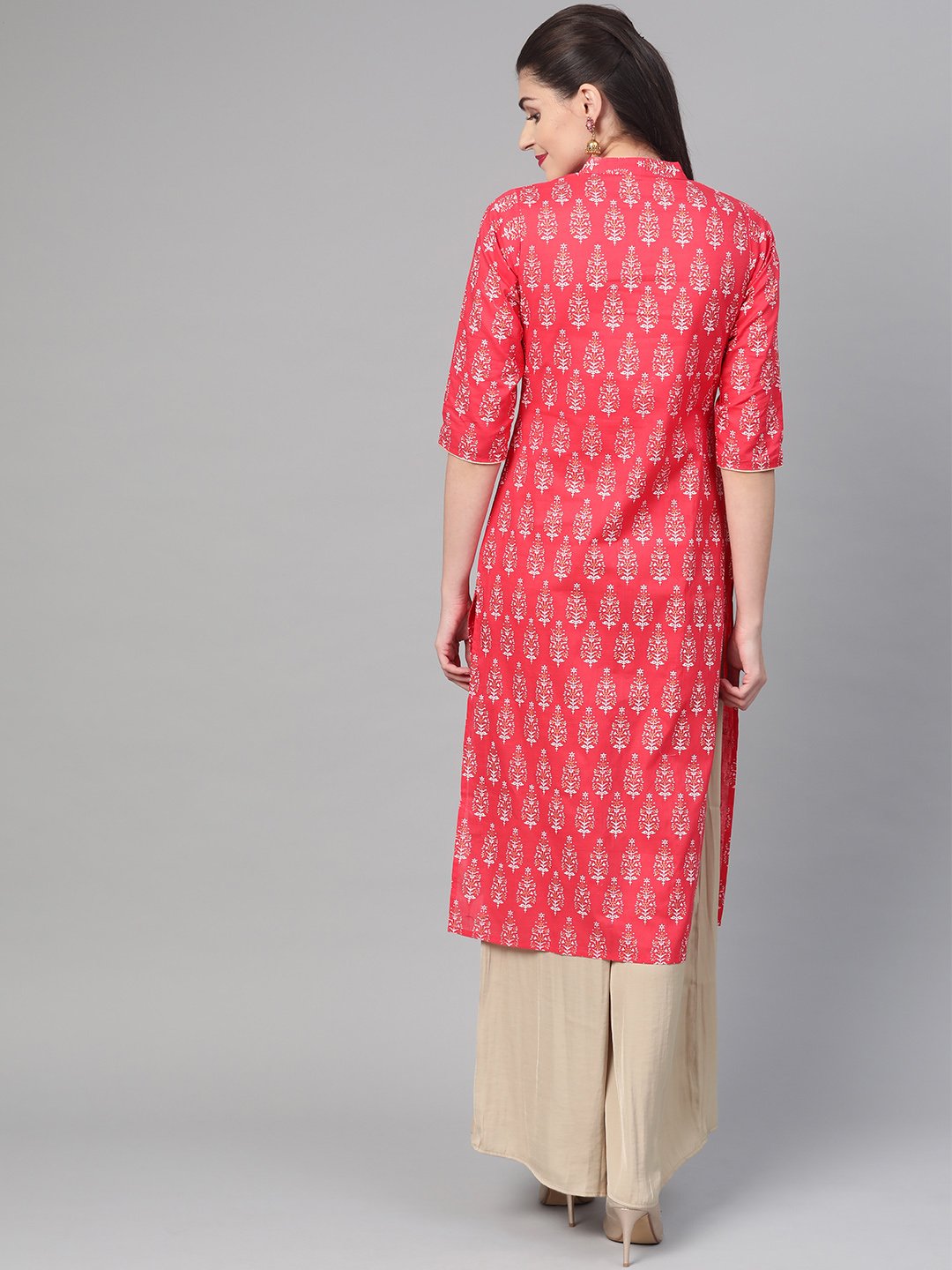 Women Pink & Gold Cotton Straight Floral Printed Kurta | LASVINI - Redefining Indian Fashion with Elegance