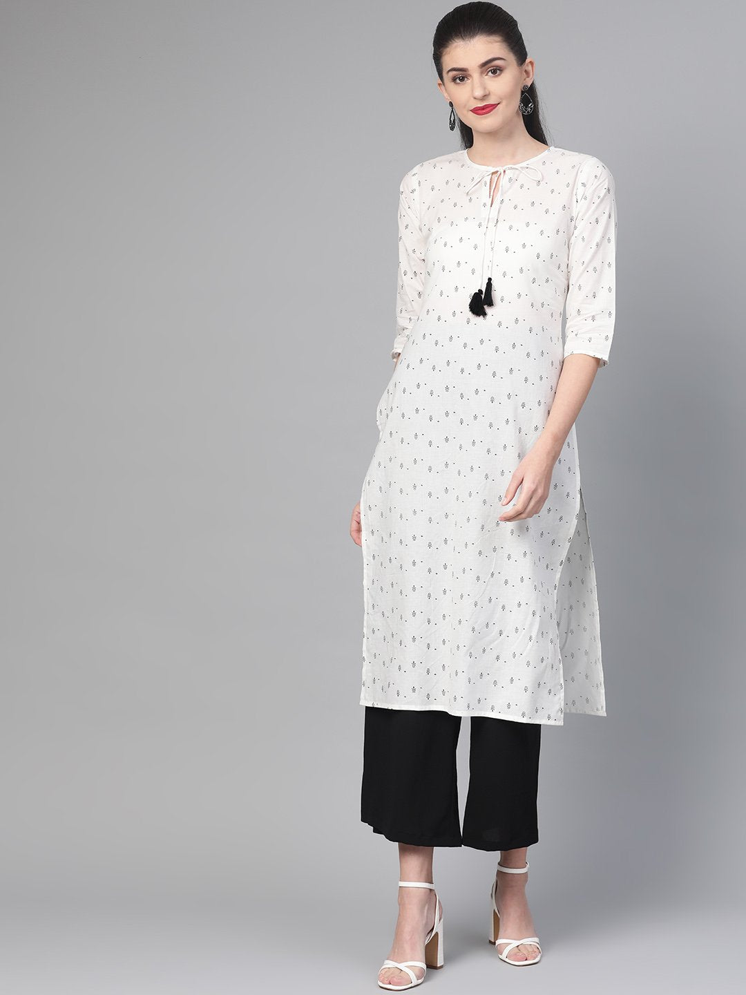 Women White & Black Cotton Straight Geometric Printed Kurta | LASVINI - Redefining Indian Fashion with Elegance
