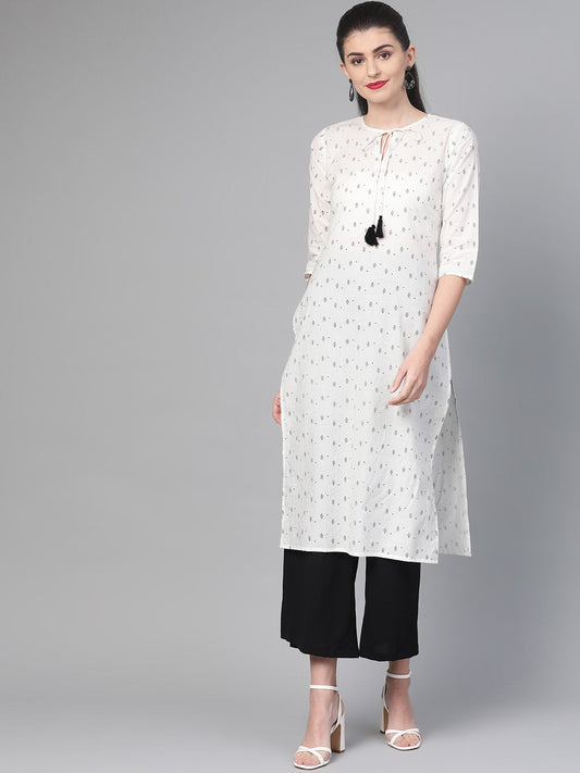 Women White & Black Cotton Straight Geometric Printed Kurta | LASVINI - Redefining Indian Fashion with Elegance
