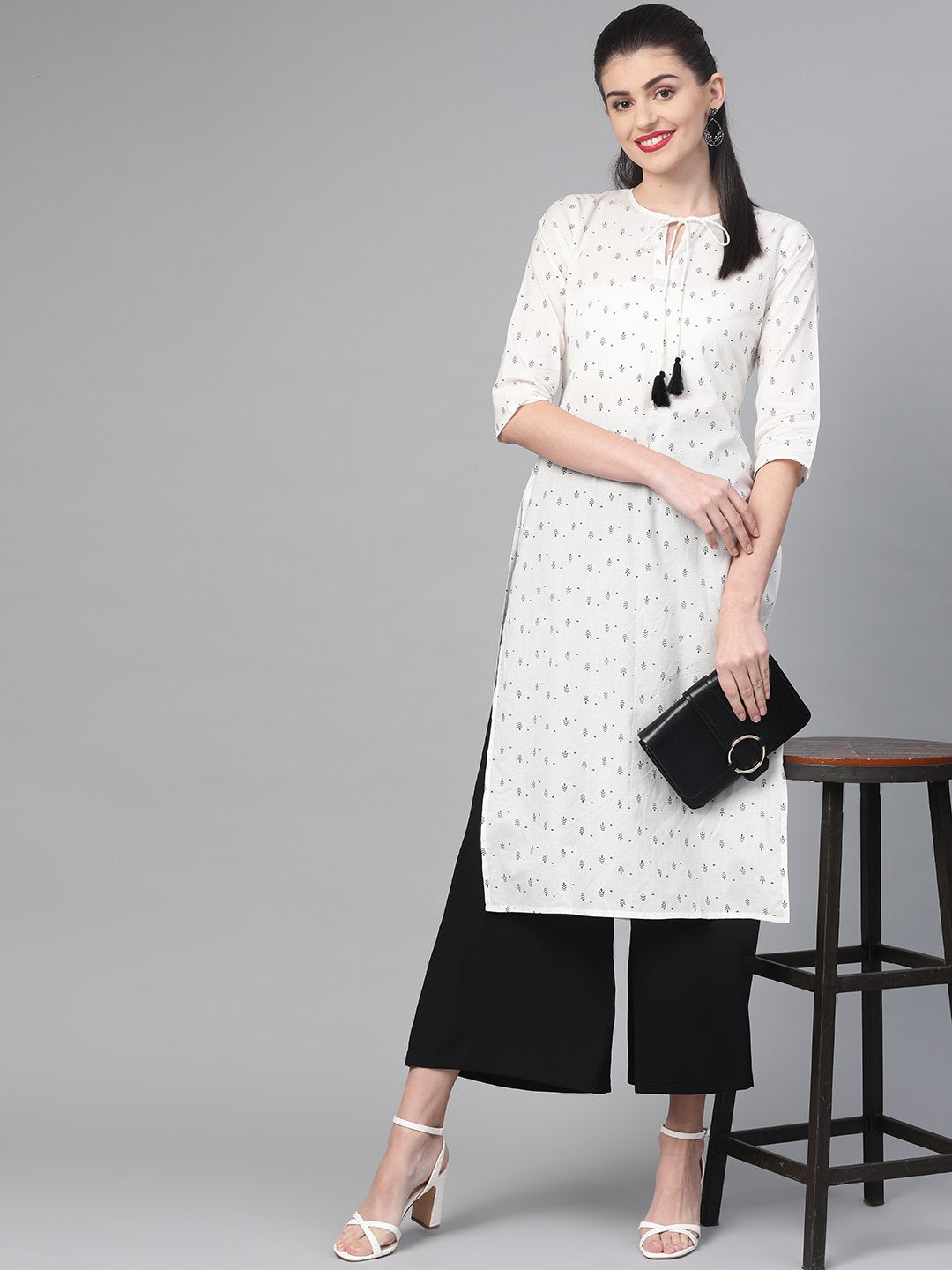 Women White & Black Cotton Straight Geometric Printed Kurta | LASVINI - Redefining Indian Fashion with Elegance