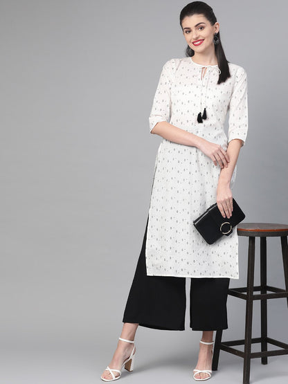 Women White & Black Cotton Straight Geometric Printed Kurta | LASVINI - Redefining Indian Fashion with Elegance