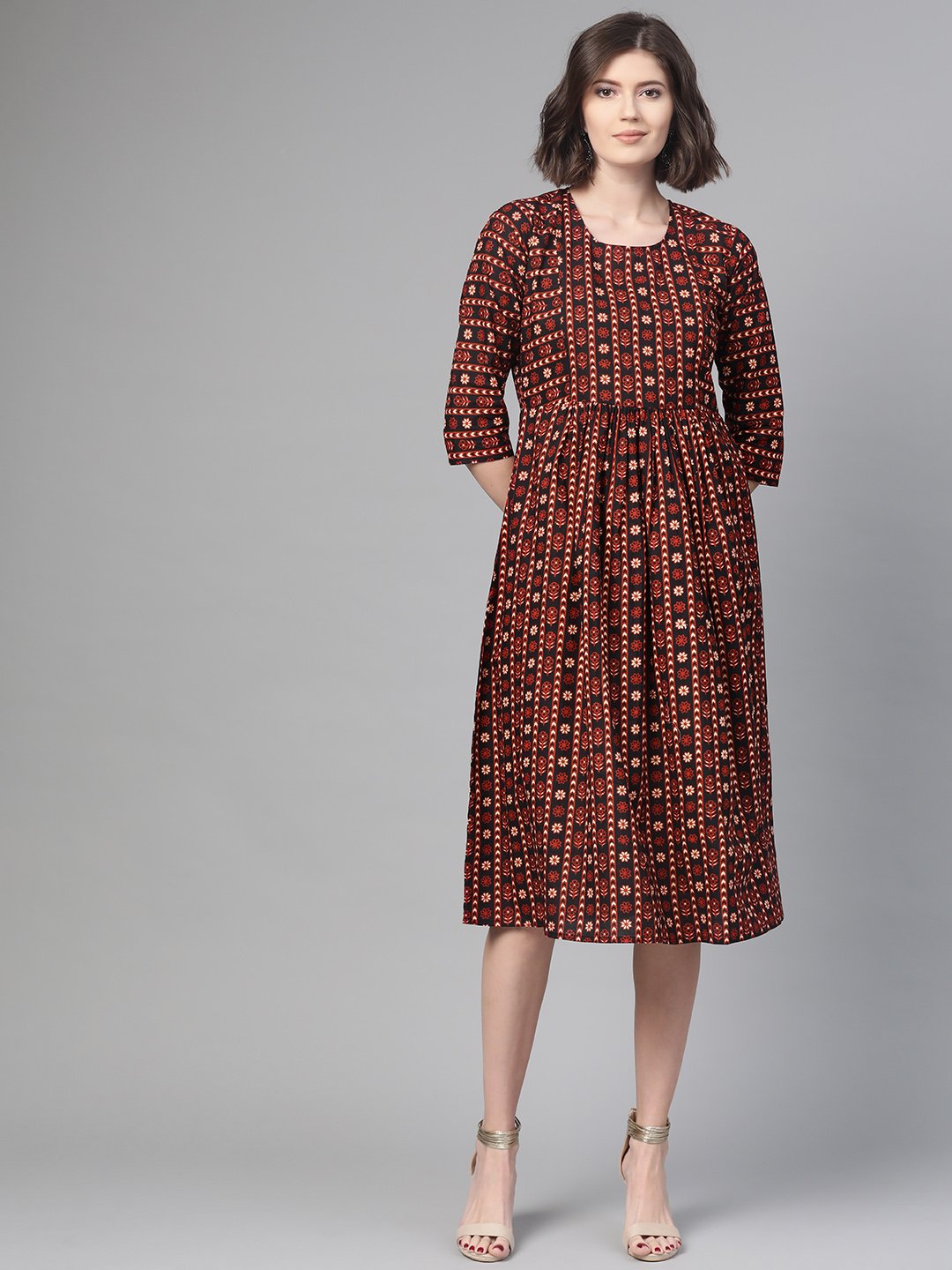 Women Black & Orange Floral Printed Fit And Flare Dress | LASVINI - Redefining Indian Fashion with Elegance