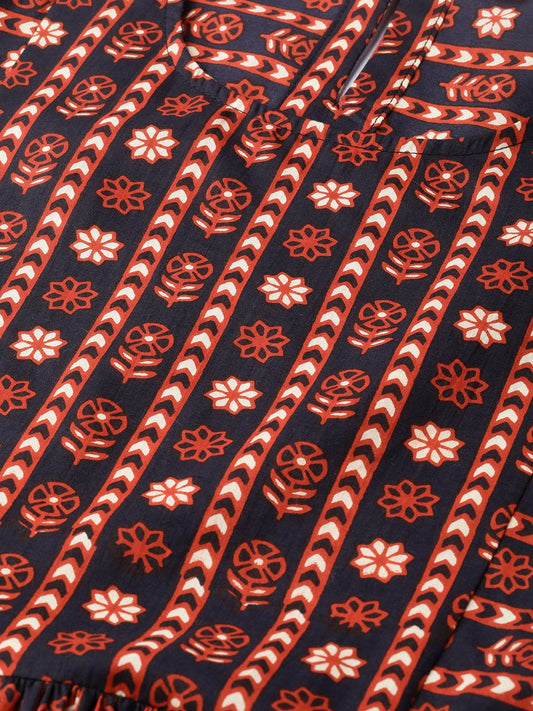 Women Black & Orange Floral Printed Fit And Flare Dress | LASVINI - Redefining Indian Fashion with Elegance