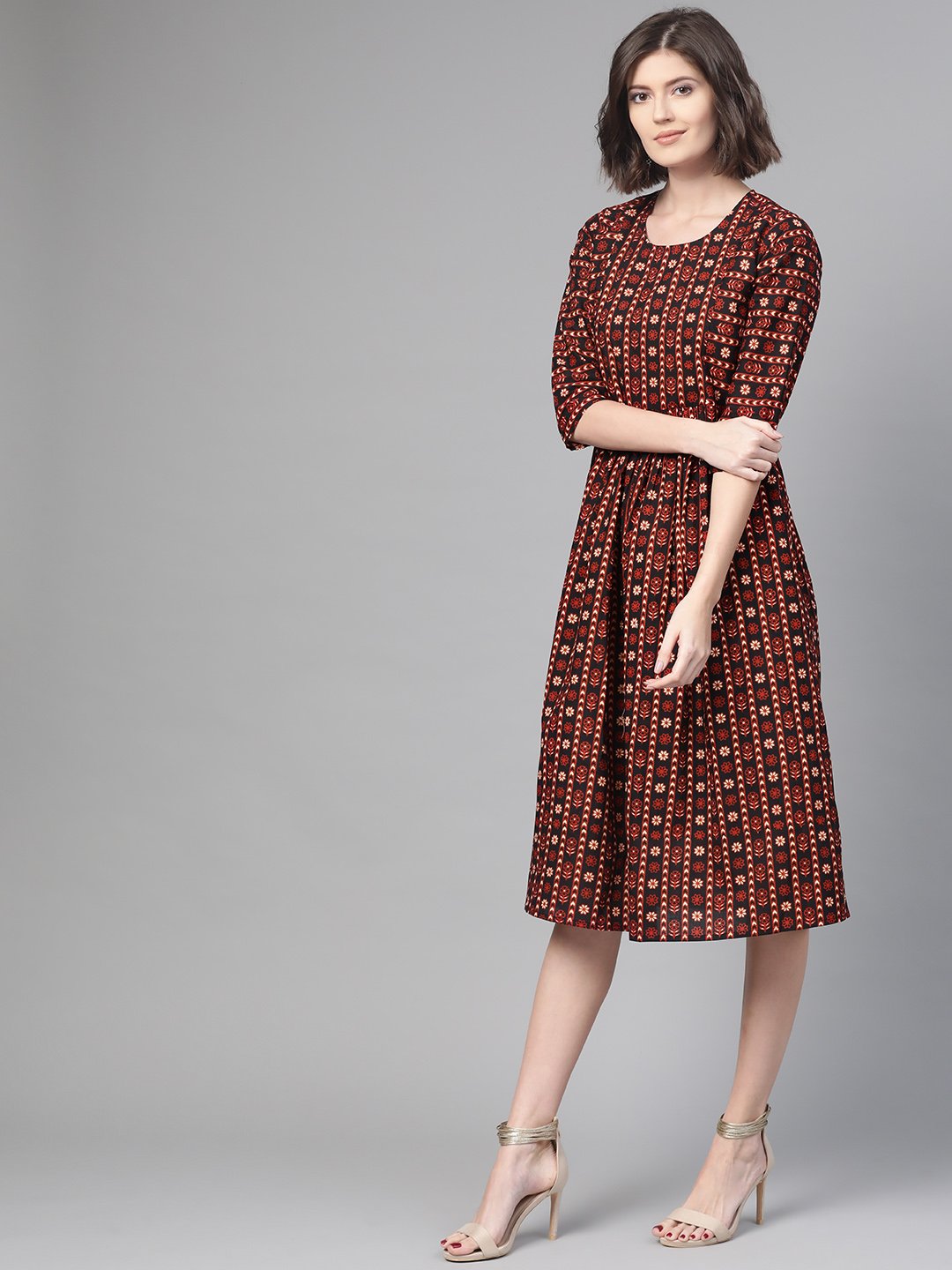 Women Black & Orange Floral Printed Fit And Flare Dress | LASVINI - Redefining Indian Fashion with Elegance