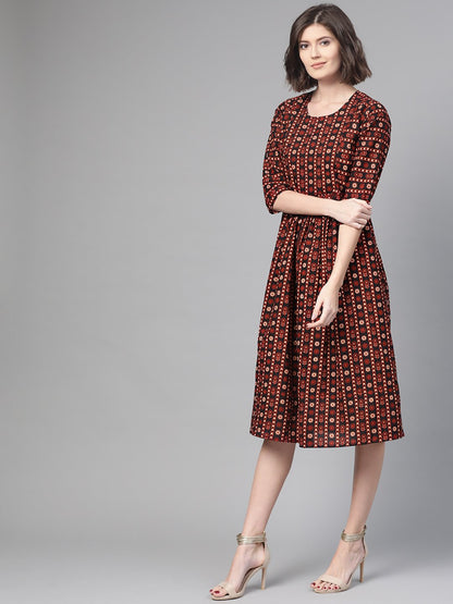 Women Black & Orange Floral Printed Fit And Flare Dress | LASVINI - Redefining Indian Fashion with Elegance