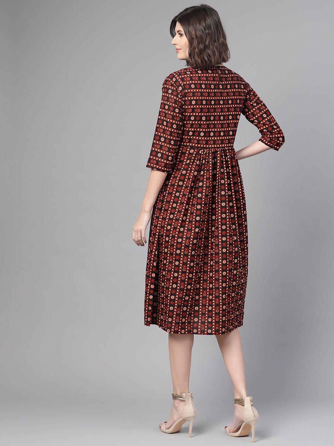 Women Black & Orange Floral Printed Fit And Flare Dress | LASVINI - Redefining Indian Fashion with Elegance