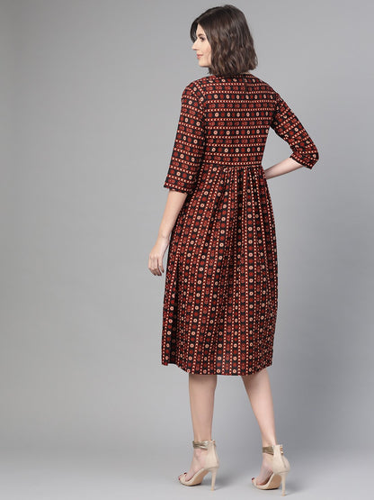 Women Black & Orange Floral Printed Fit And Flare Dress | LASVINI - Redefining Indian Fashion with Elegance