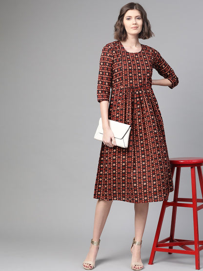 Women Black & Orange Floral Printed Fit And Flare Dress | LASVINI - Redefining Indian Fashion with Elegance