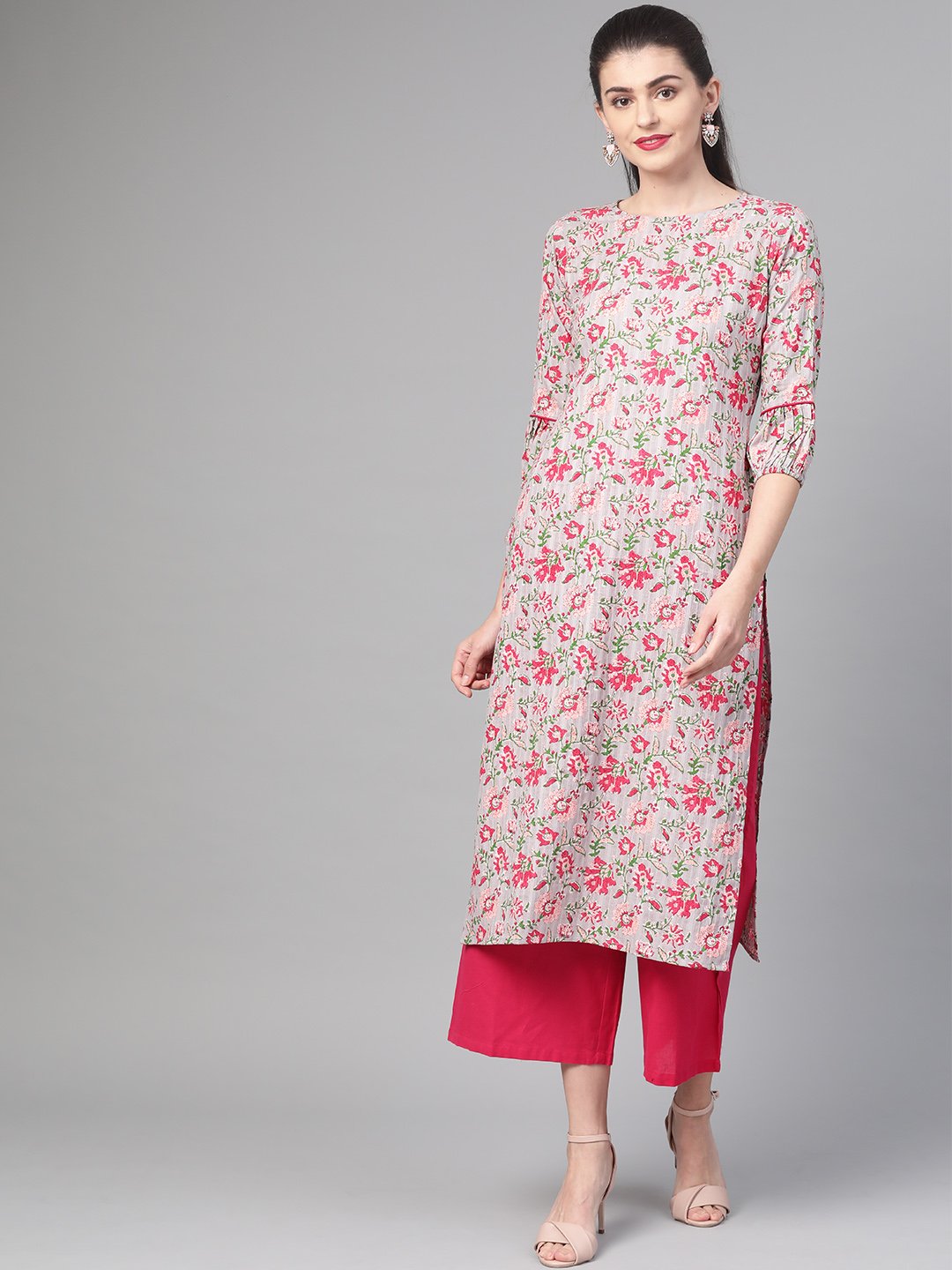Women Grey & Pink Cotton Straight Floral Printed Kurta | LASVINI - Redefining Indian Fashion with Elegance