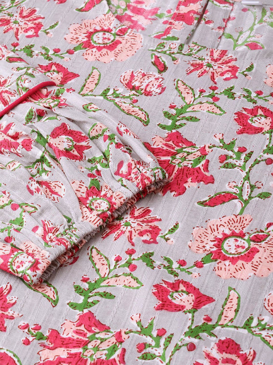 Women Grey & Pink Cotton Straight Floral Printed Kurta | LASVINI - Redefining Indian Fashion with Elegance