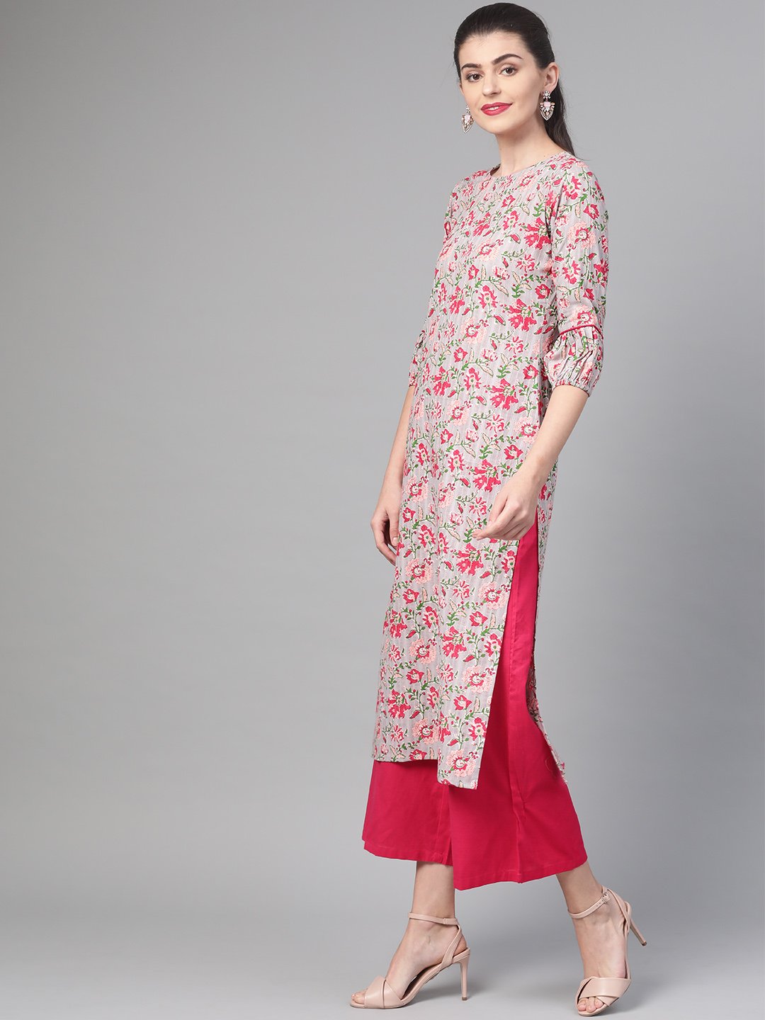 Women Grey & Pink Cotton Straight Floral Printed Kurta | LASVINI - Redefining Indian Fashion with Elegance