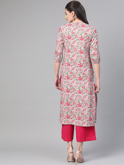 Women Grey & Pink Cotton Straight Floral Printed Kurta | LASVINI - Redefining Indian Fashion with Elegance