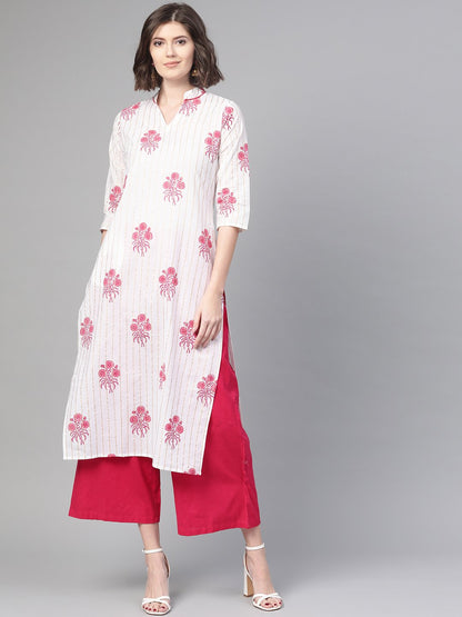 Women White & Pink Cotton Straight Floral Printed Kurta | LASVINI - Redefining Indian Fashion with Elegance