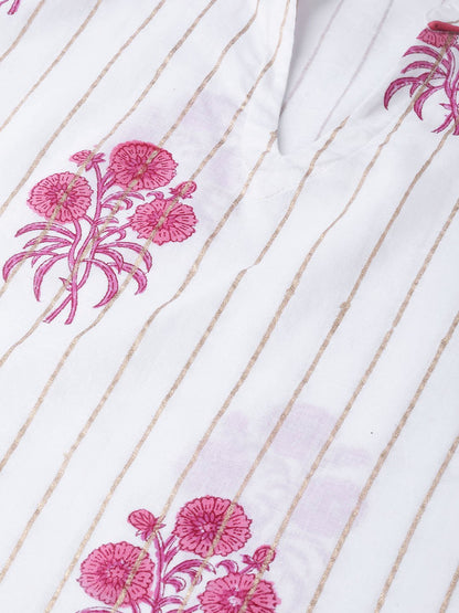 Women White & Pink Cotton Straight Floral Printed Kurta | LASVINI - Redefining Indian Fashion with Elegance