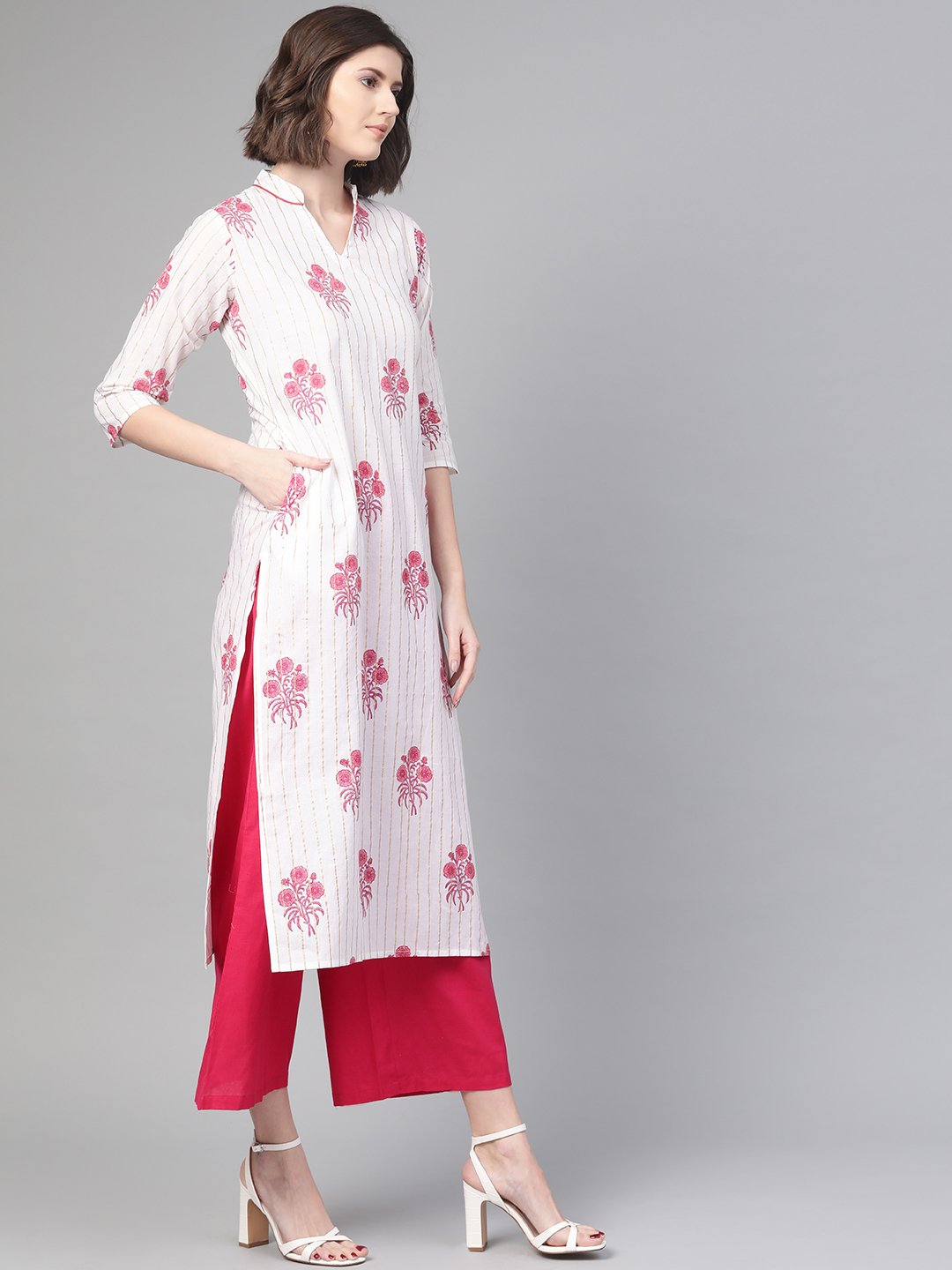 Women White & Pink Cotton Straight Floral Printed Kurta | LASVINI - Redefining Indian Fashion with Elegance
