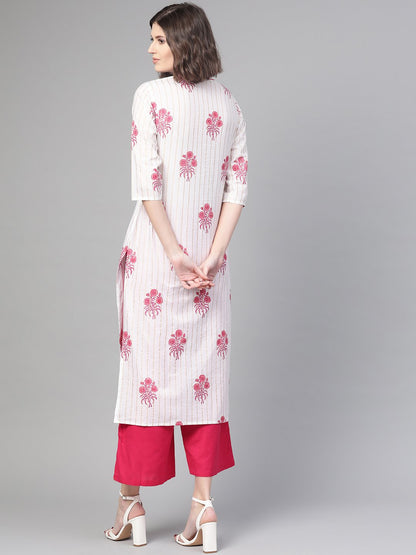 Women White & Pink Cotton Straight Floral Printed Kurta | LASVINI - Redefining Indian Fashion with Elegance