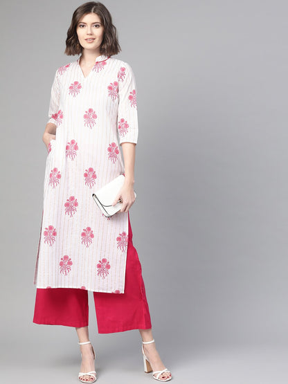 Women White & Pink Cotton Straight Floral Printed Kurta | LASVINI - Redefining Indian Fashion with Elegance