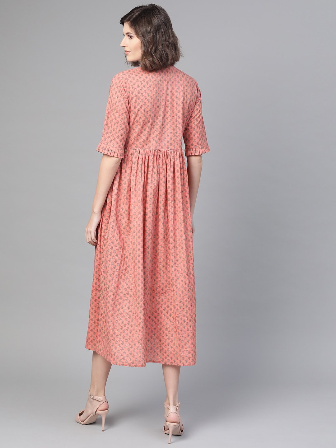 Women Peach & Floral Printed A-Line Dress | LASVINI - Redefining Indian Fashion with Elegance