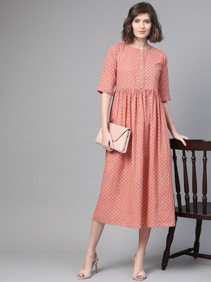 Women Peach & Floral Printed A-Line Dress | LASVINI - Redefining Indian Fashion with Elegance