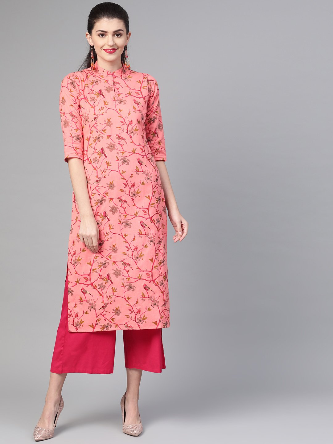Women Pink & Mustard Cotton Straight Floral Printed Kurta | LASVINI - Redefining Indian Fashion with Elegance