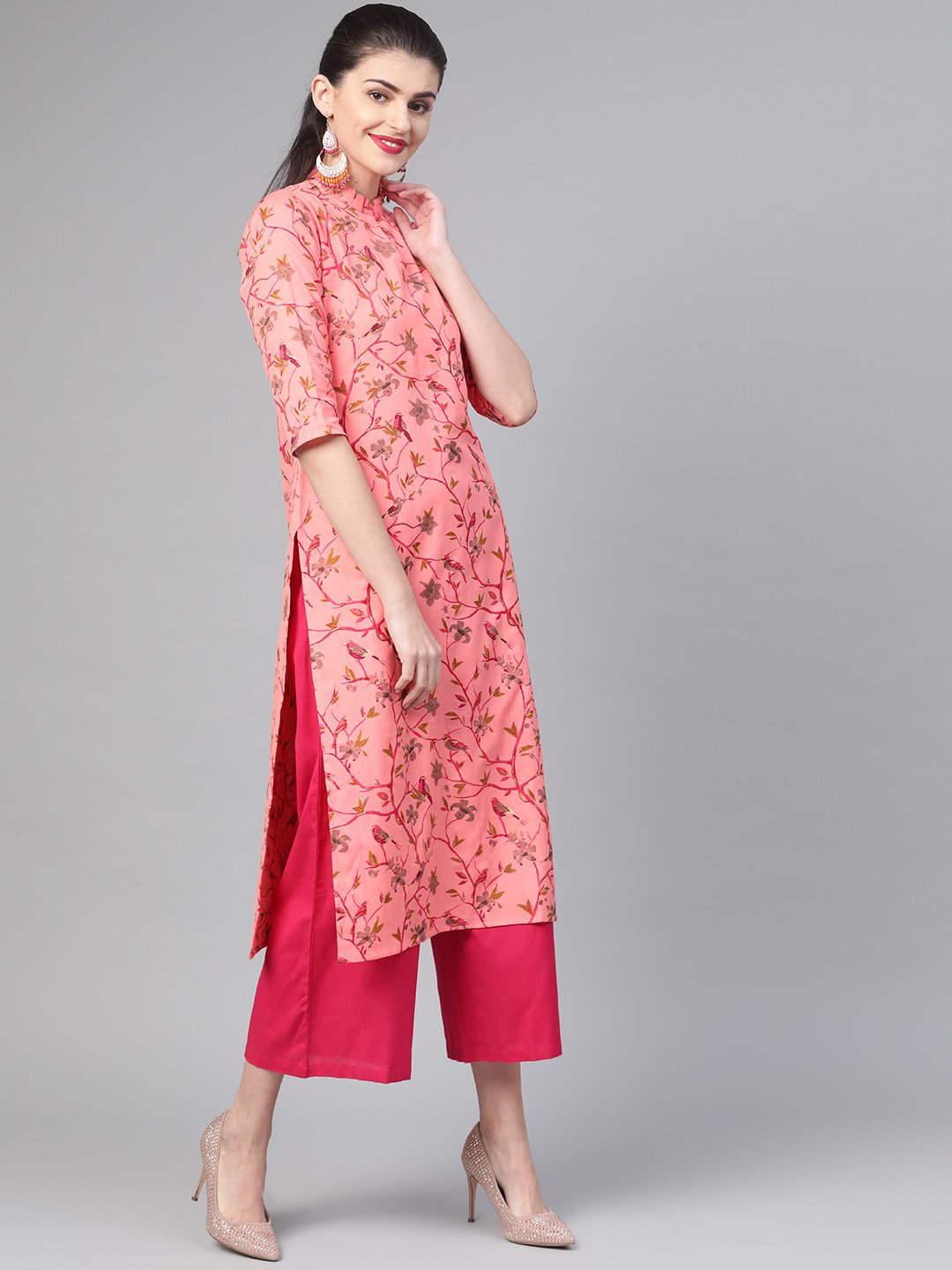 Women Pink & Mustard Cotton Straight Floral Printed Kurta | LASVINI - Redefining Indian Fashion with Elegance