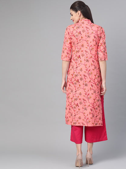 Women Pink & Mustard Cotton Straight Floral Printed Kurta | LASVINI - Redefining Indian Fashion with Elegance