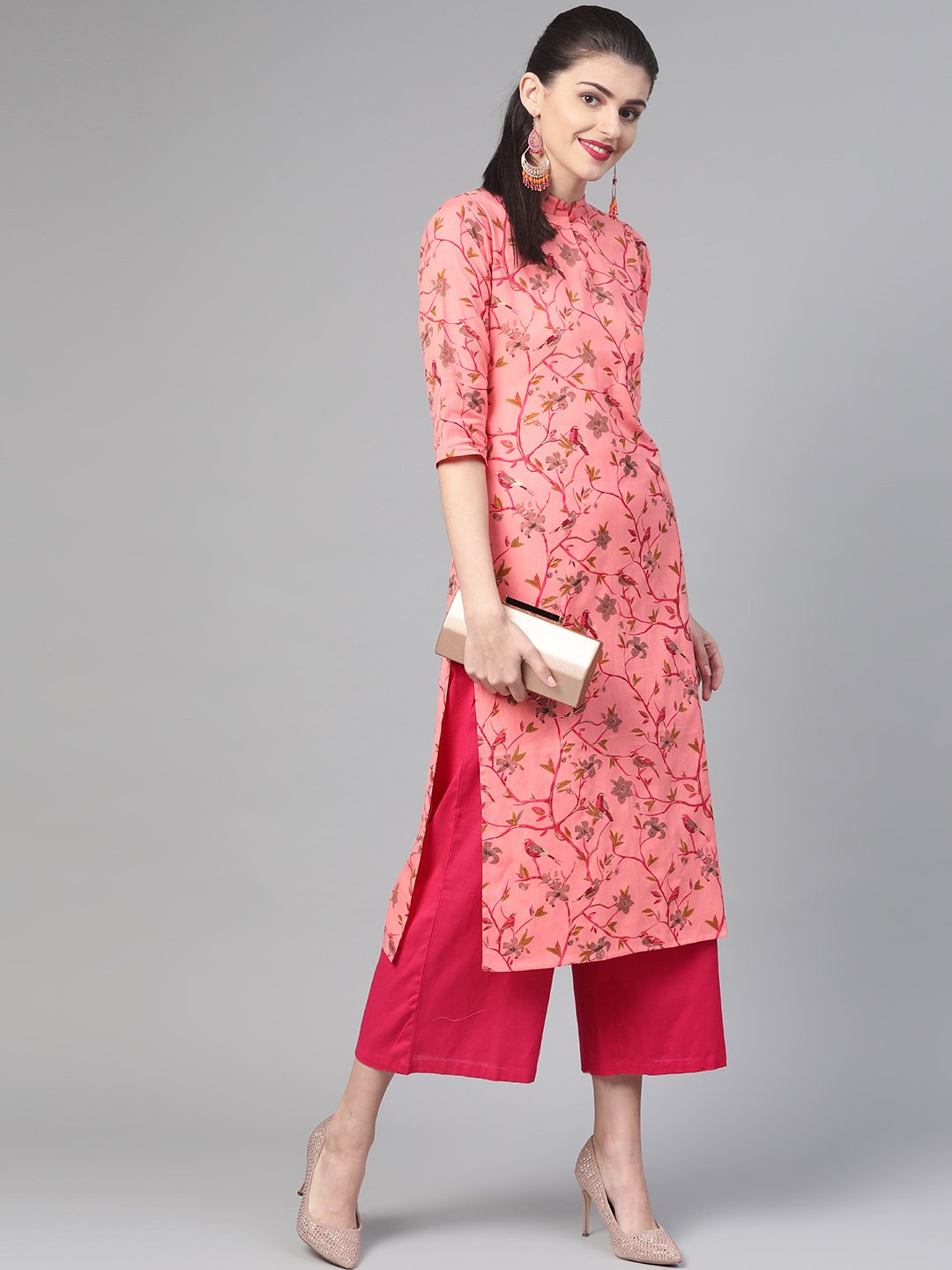 Women Pink & Mustard Cotton Straight Floral Printed Kurta | LASVINI - Redefining Indian Fashion with Elegance