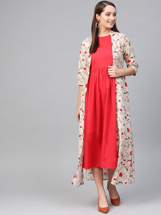 Women Red & Beige Floral Printed Maxi Dress | LASVINI - Redefining Indian Fashion with Elegance