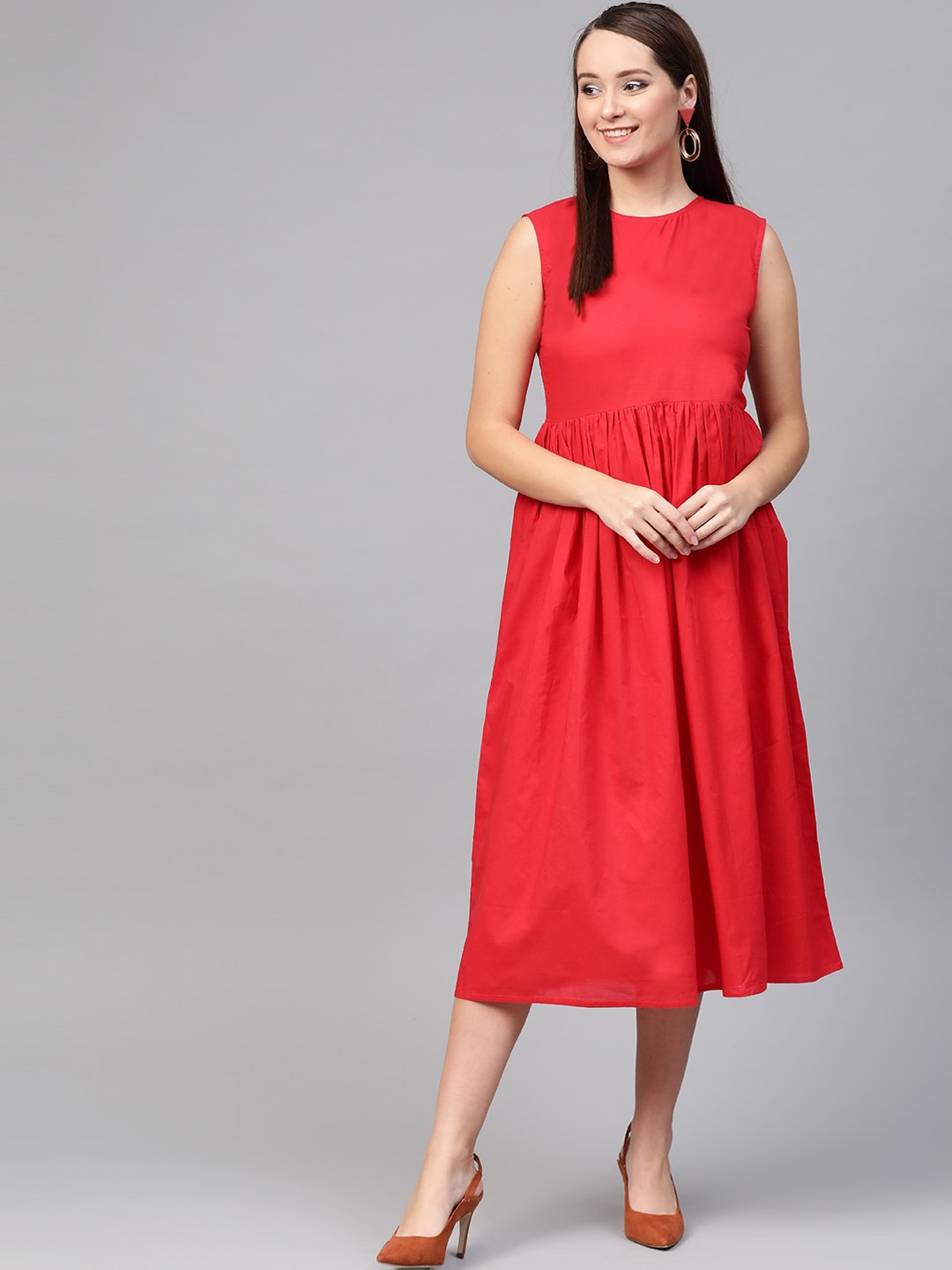 Women Red & Beige Floral Printed Maxi Dress | LASVINI - Redefining Indian Fashion with Elegance