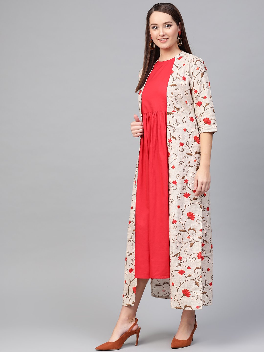 Women Red & Beige Floral Printed Maxi Dress | LASVINI - Redefining Indian Fashion with Elegance
