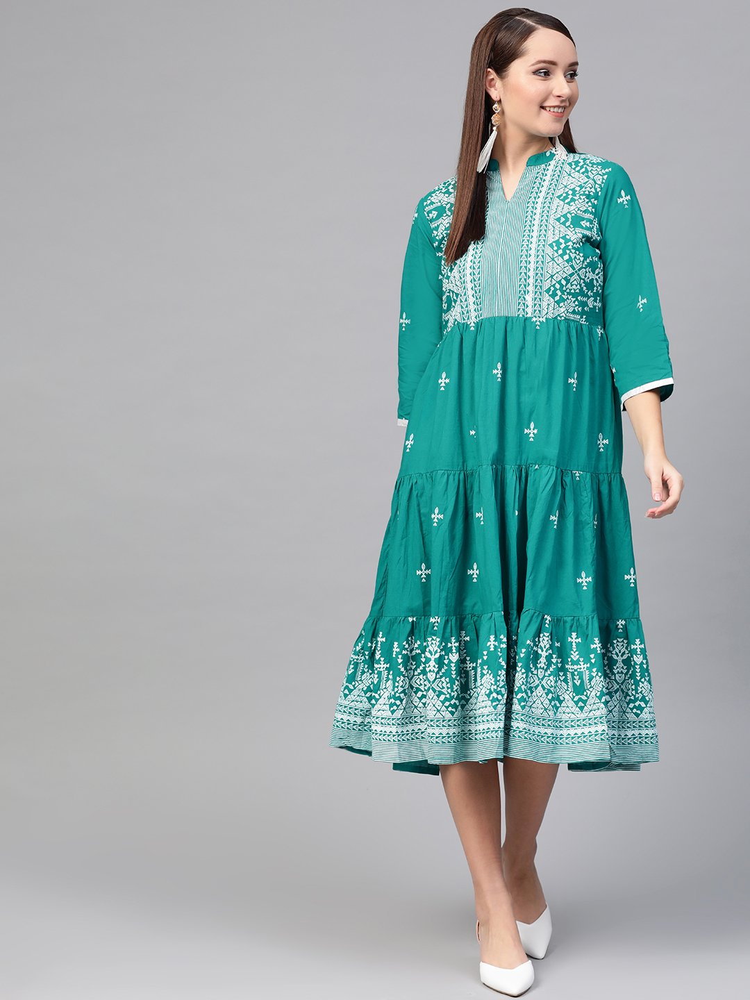 Women Green & White Tribal Printed Fit And Flare Dress | LASVINI - Redefining Indian Fashion with Elegance