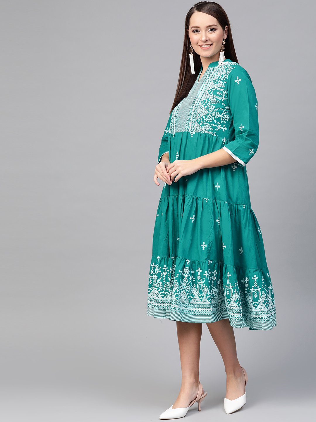Women Green & White Tribal Printed Fit And Flare Dress | LASVINI - Redefining Indian Fashion with Elegance