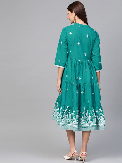 Women Green & White Tribal Printed Fit And Flare Dress | LASVINI - Redefining Indian Fashion with Elegance
