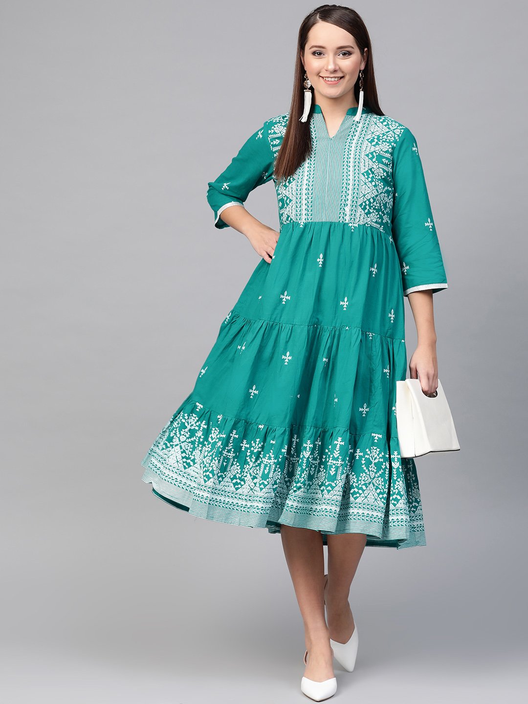 Women Green & White Tribal Printed Fit And Flare Dress | LASVINI - Redefining Indian Fashion with Elegance