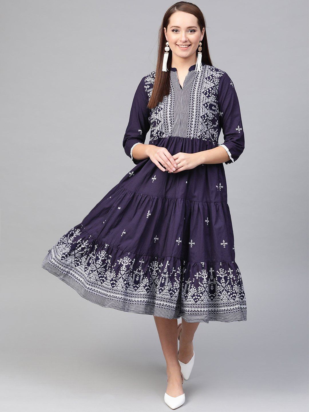 Women Navy Blue & White Tribal Printed Fit And Flare Dress | LASVINI - Redefining Indian Fashion with Elegance