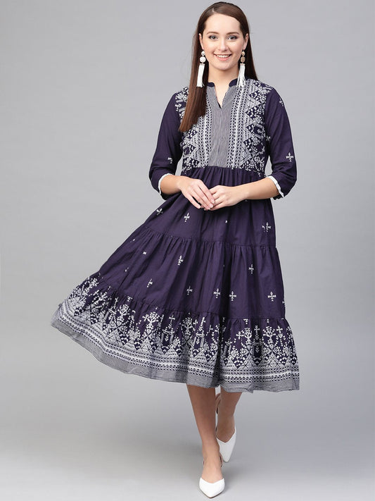 Women Navy Blue & White Tribal Printed Fit And Flare Dress | LASVINI - Redefining Indian Fashion with Elegance